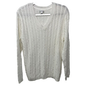 Croft Barrow‎ Sweater White V Neck 100% Cotton Cable Knit Cozy Rory Fisherman XL